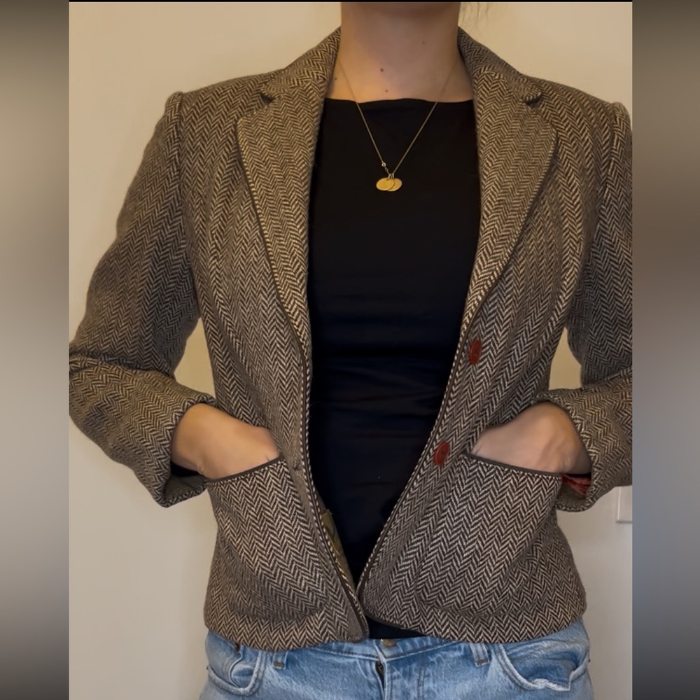 Herringbone Blazer with Brown Buttons